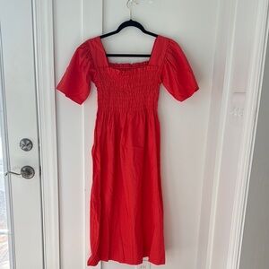 Gah Red Smocked Midi Dress Size S